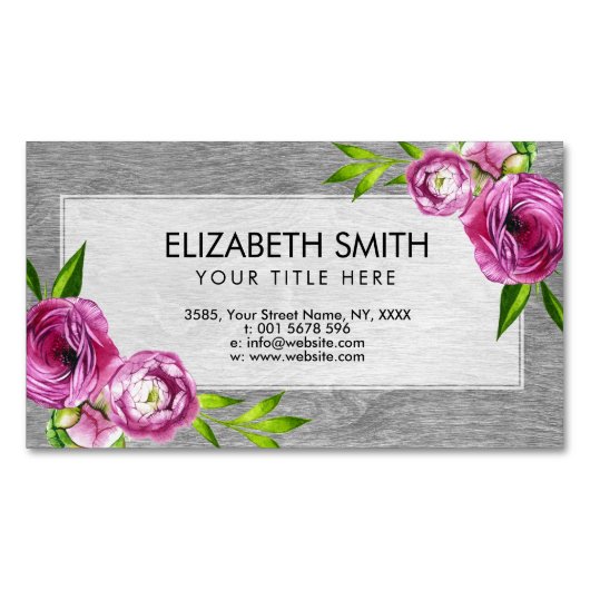 灰色木の水彩画のシャクヤクの花 マグネット名刺 (正面)