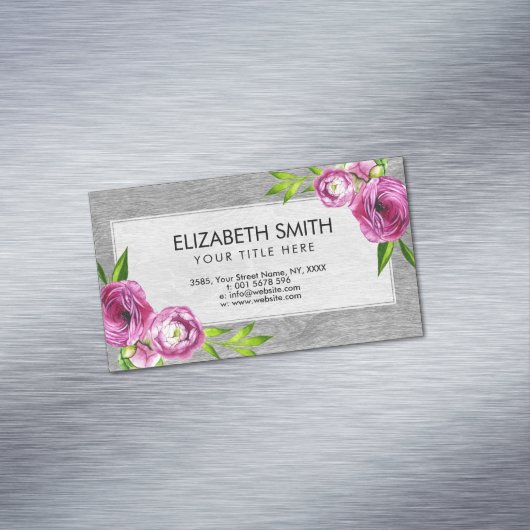 灰色木の水彩画のシャクヤクの花 マグネット名刺 (インサイチュ)