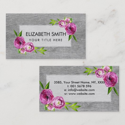灰色木の水彩画のシャクヤクの花 名刺 (正面/裏面)