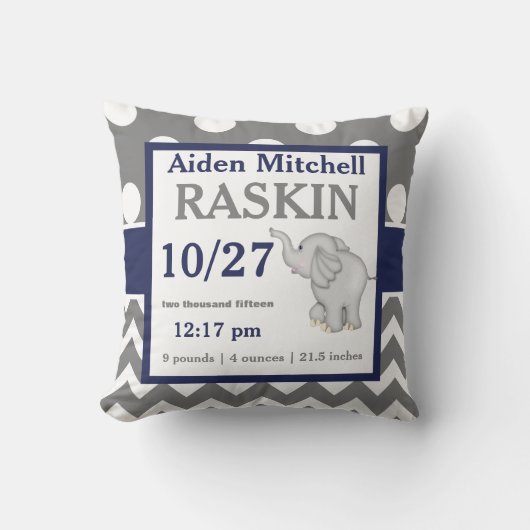 灰色海軍象のベビーの発表の枕 クッション (正面)