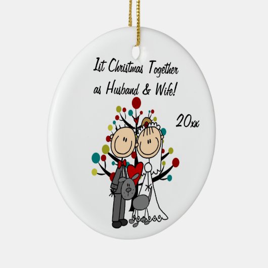 灰色犬の休日のオーナメントが付いている結婚式のカップル セラミックオーナメント (右)