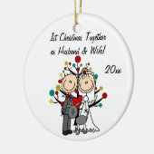 灰色犬の休日のオーナメントが付いている結婚式のカップル セラミックオーナメント (左)