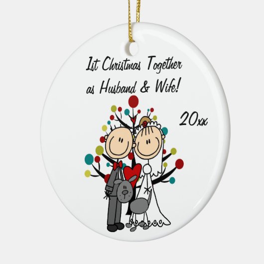 灰色犬の休日のオーナメントが付いている結婚式のカップル セラミックオーナメント (左)