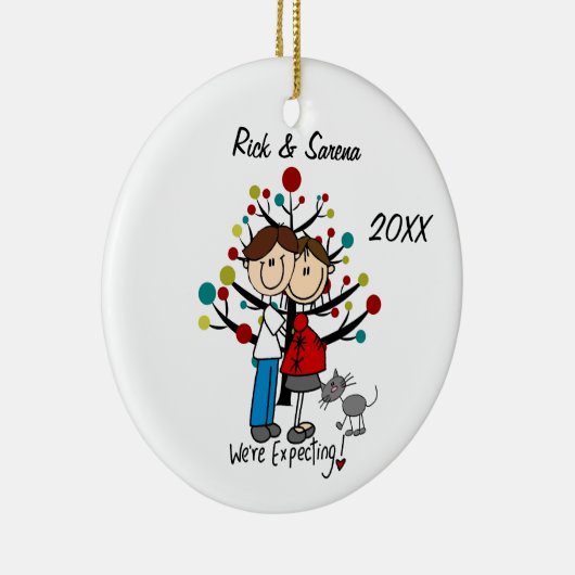 灰色猫のオーナメントが付いている予期しているカップル セラミックオーナメント (右)