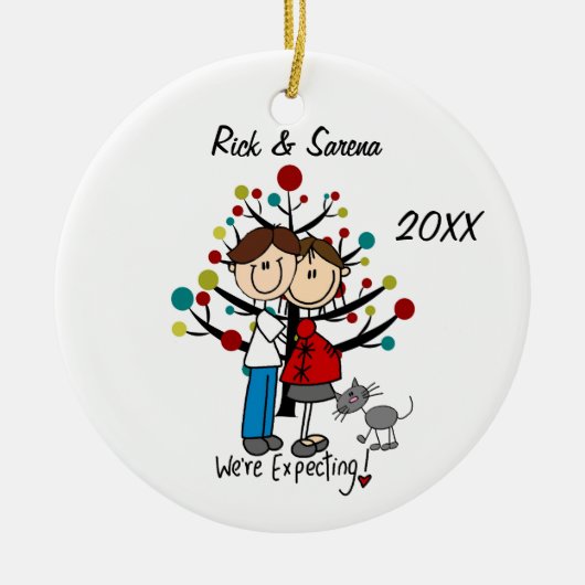 灰色猫のオーナメントが付いている予期しているカップル セラミックオーナメント (正面)