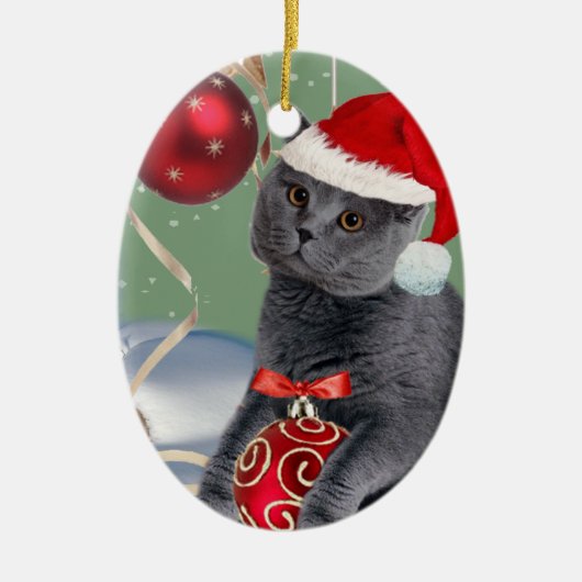 灰色猫のクリスマスのオーナメント セラミックオーナメント (正面)