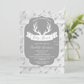 灰色素朴なシカの(雄ジカの)枝角及び白い木製のベビーシャワー 招待状 (スタンド正面)