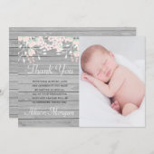 灰色素朴木材赤面フローラサンキューカード 招待状 (正面/裏面)