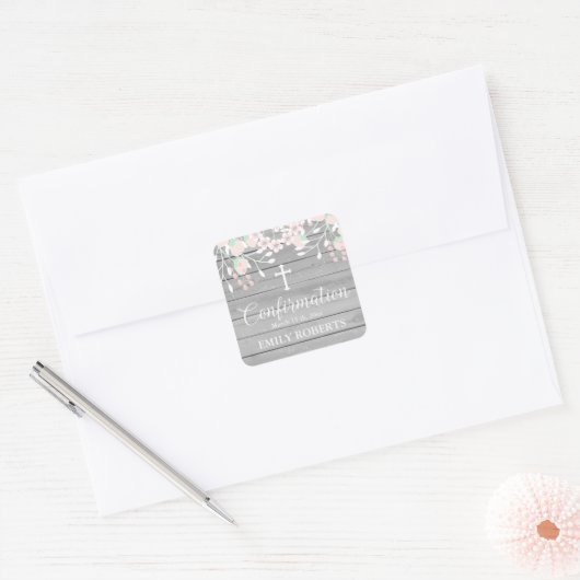 灰色素朴木材赤面フローラ スクエアシール (封筒)