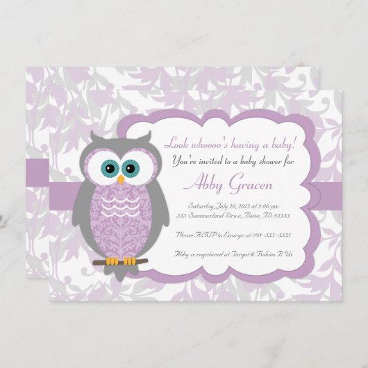 、灰色紫色、フクロウのベビーシャワー招待状- 730 招待状 (正面/裏面)