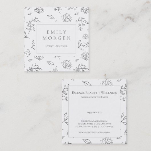 灰色葉の花の輪郭イラストレーション スクエア名刺 (正面/裏面)