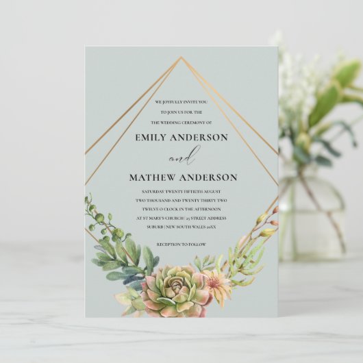 灰色金ゴールド砂漠多肉質のサボテン結婚の葉 招待状 (スタンド正面)