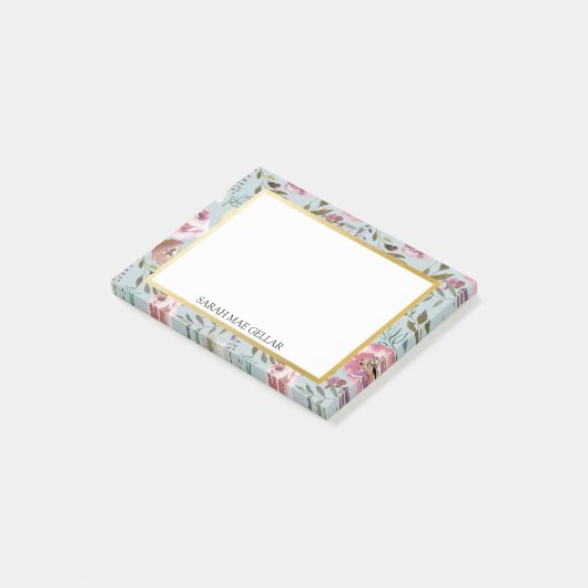 、灰色青い、名前をカスタムするのポスト・イット|金ゴールドホイルの花柄 ポストイット (アングル)