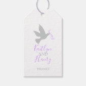灰色飛んでいるの鳩の鳥の紫結婚のリボン感謝していズ ギフトタグ (正面)