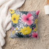 灰色鮮やかに黄色とピンクの花 クッション (ブランケット)