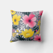 灰色鮮やかに黄色とピンクの花 クッション (裏面)