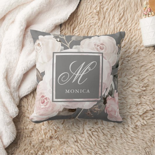 灰色|のモノグラムのヴィンテージの赤面の水彩画のバラ クッション (ブランケット)