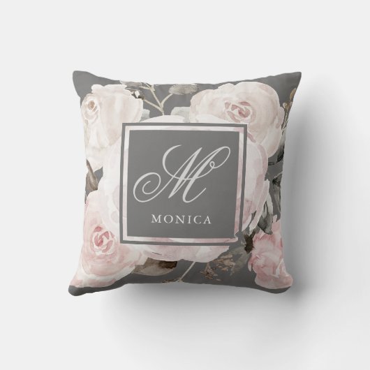 灰色|のモノグラムのヴィンテージの赤面の水彩画のバラ クッション (裏面)
