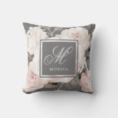 灰色|のモノグラムのヴィンテージの赤面の水彩画のバラ クッション (正面)