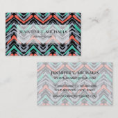 灰色、ティール(緑がかった色)およびシェブロン珊瑚の手描きのパターン 名刺 (正面/裏面)
