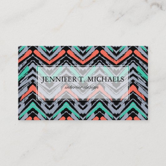 灰色、ティール(緑がかった色)およびシェブロン珊瑚の手描きのパターン 名刺 (正面)
