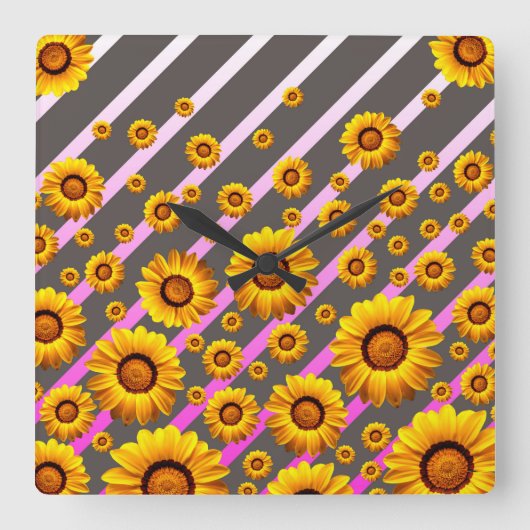 灰色、ピンク色の美しい黄色の花ストライプが咲く  スクエア壁時計 (正面)