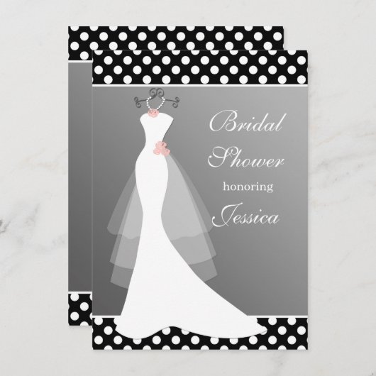 灰色、水玉模様のブライダルシャワーの白いガウン 招待状 (正面/裏面)