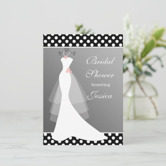 灰色、水玉模様のブライダルシャワーの白いガウン 招待状 (スタンド正面)