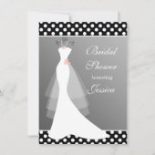 灰色、水玉模様のブライダルシャワーの白いガウン 招待状 (正面)