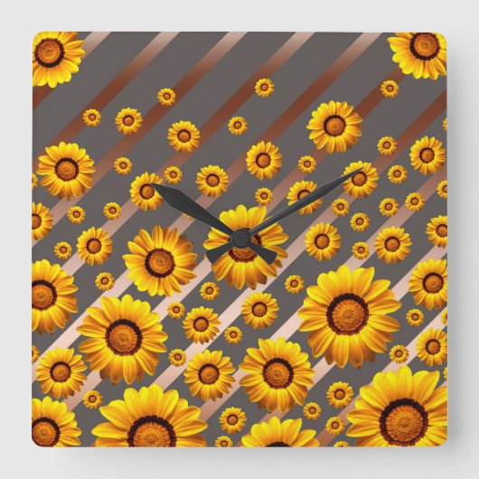 灰色、茶色の美しい黄色の花ストライプが咲く スクエア壁時計 (正面)