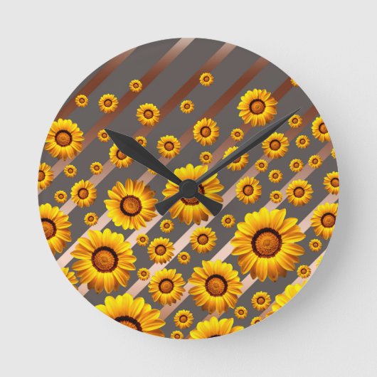 灰色、茶色の美しい黄色の花ストライプが咲く   ラウンド壁時計 (正面)
