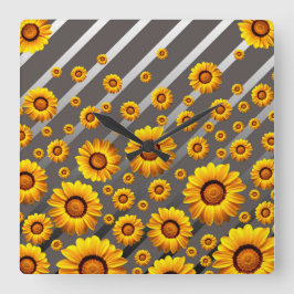 灰色、銀色の美しい黄色の花ストライプが咲く  スクエア壁時計