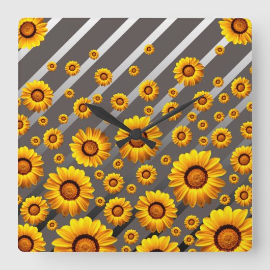 灰色、銀色の美しい黄色の花ストライプが咲く  スクエア壁時計 (正面)