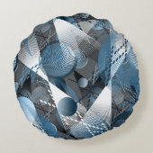 灰色、青、白の抽象芸術パターン ラウンドクッション (裏面)