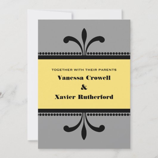 灰色/黄色のアールデコファンシー結婚式の招待 招待状 (正面)