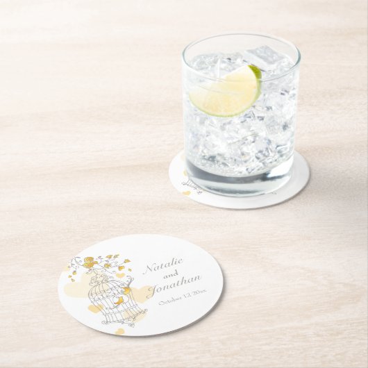 灰色、黄色、白の鳥のケージ結婚のコースター ラウンドペーパーコースター (インサイチュ)