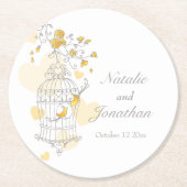 灰色、黄色、白の鳥のケージ結婚のコースター ラウンドペーパーコースター (正面)