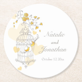 灰色、黄色、白の鳥のケージ結婚のコースター ラウンドペーパーコースター