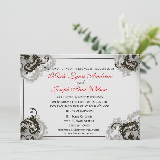 灰色、黒く、および白い華麗さの結婚式招待状 招待状 (スタンド正面)