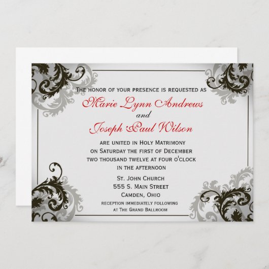 灰色、黒く、および白い華麗さの結婚式招待状 招待状 (正面/裏面)