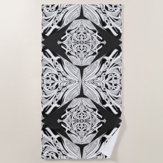 灰色 黒 白 蝶 翼 抽象画 ビーチタオル (正面)