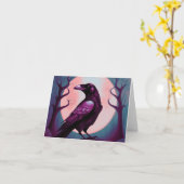 灰青色背景のカラスの絵 カード (黄色い花)