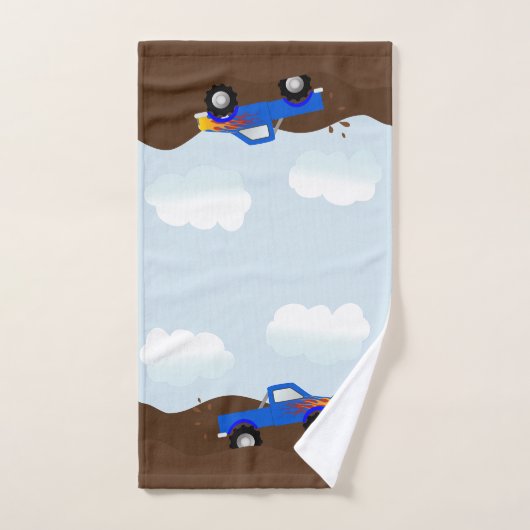 炎が付いている青いモンスタートラック バスタオルセット (ハンドタオル)