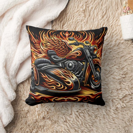 炎とサイドカー鮮やかルを備えた炎のオートバイ クッション (ブランケット)