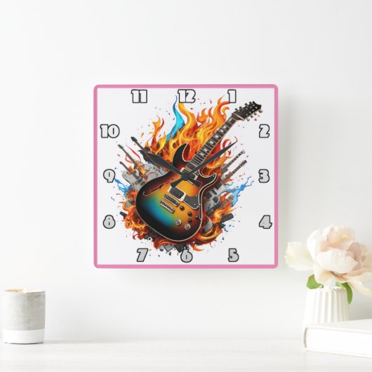 炎と影の中で燃えるギター スクエア壁時計 (ホーム)