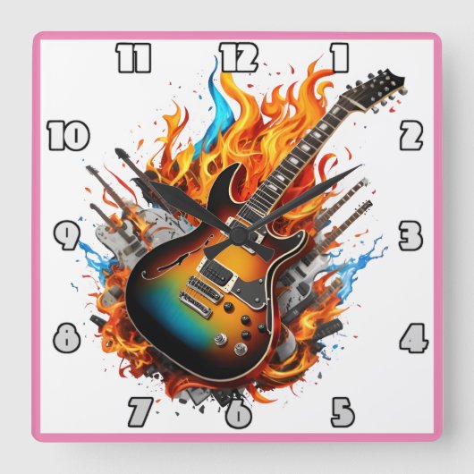 炎と影の中で燃えるギター スクエア壁時計 (正面)