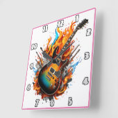 炎と影の中で燃えるギター スクエア壁時計 (傾斜)