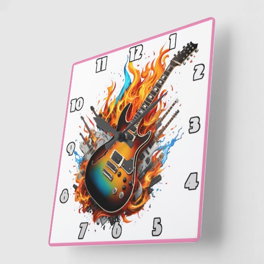 炎と影の中で燃えるギター スクエア壁時計 (傾斜)
