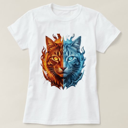 炎と氷の猫 – 二元的な要素を持つ猫の顔 | Tシャツ (デザイン正面)