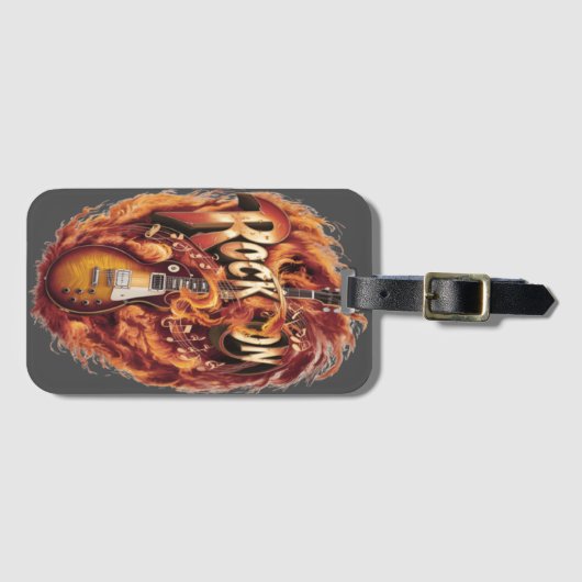 炎と音楽のノートに囲まれた明るいギター ラゲッジタグ (正面横)